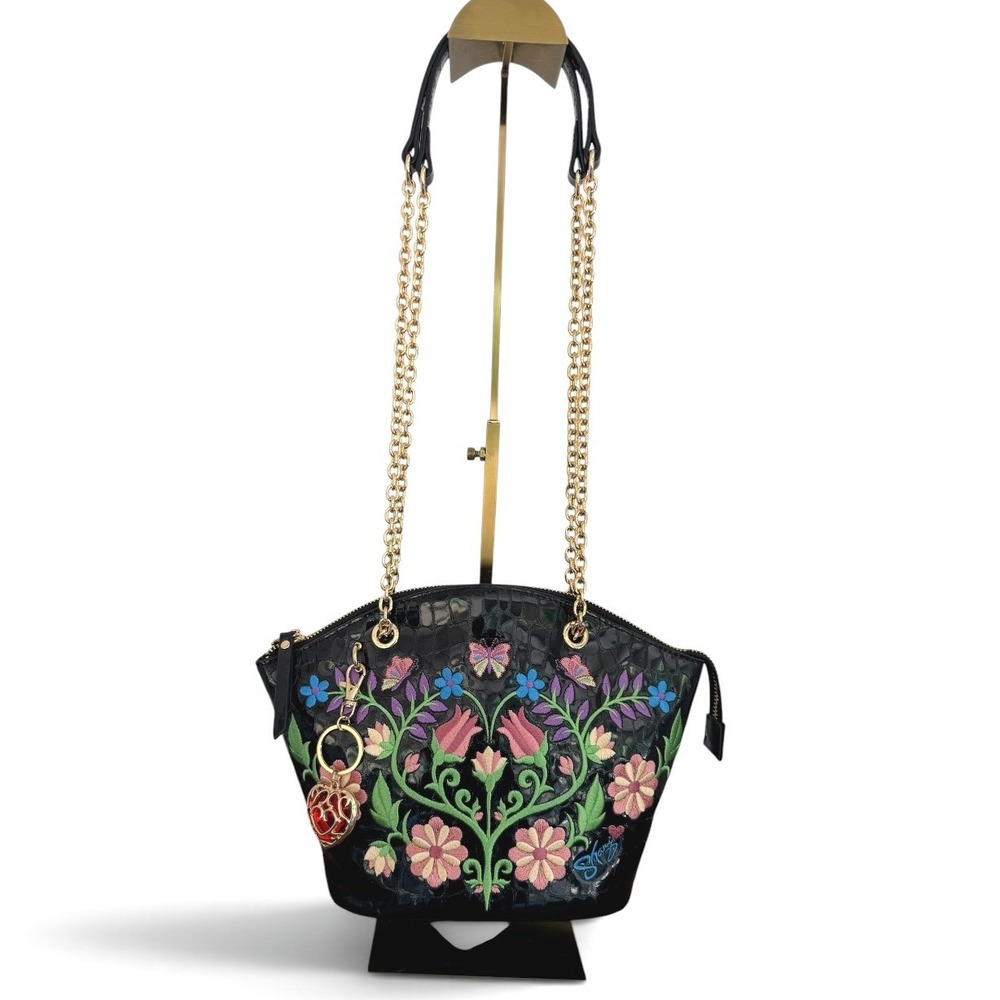 Sharif Legacy Patent Leather Floral Embroidered Conv. Shoulder Crossbody Bag